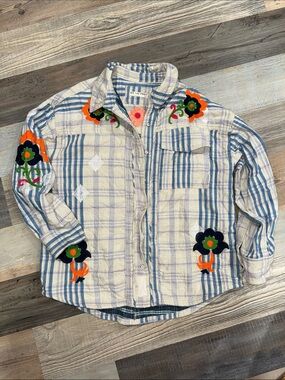 We The Free Cream and Blue Plaid Shirt Colorful Floral Embroidered Appliqués